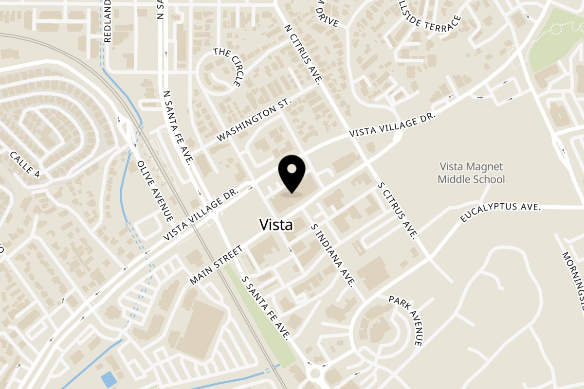 Map showing the location of Vista Village Pub on 224 Main St in Vista